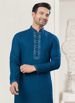 Blue Cotton Kurta Pyjama with Embroidered and Pintex Work