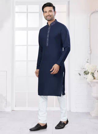 Blue Cotton Kurta Pyjama with Embroidered Work for Men