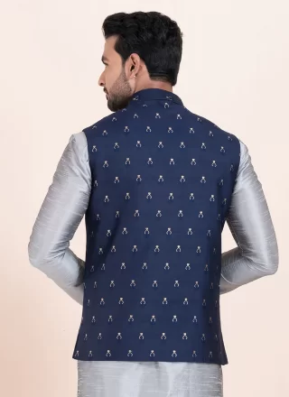Blue Cotton Nehru Jackets with Jacquard Work for Ceremonial