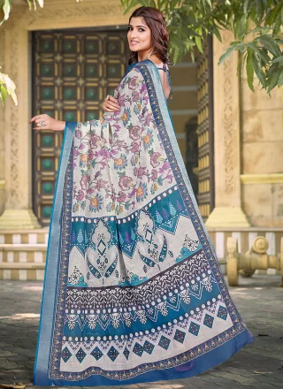 Blue Cotton Patch Border and Digital Print Work Classic Saree for Casual