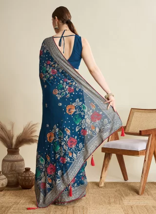 Blue Cotton Print Work Classic Saree