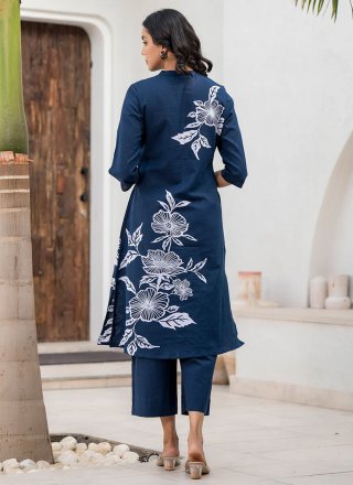 Blue Cotton Print Work Designer Kurti