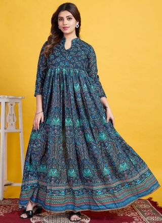 Blue Cotton Print Work Gown