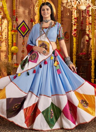 Blue Cotton Readymade Lehenga Choli with Embroidered, Jacquard, Patch Border and Thread Work