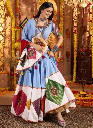 Blue Cotton Readymade Lehenga Choli with Embroidered, Jacquard, Patch Border and Thread Work