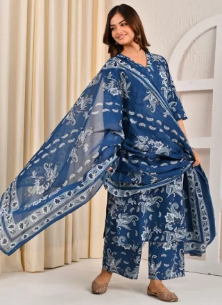 Blue Cotton Readymade Salwar Suit with Print Work