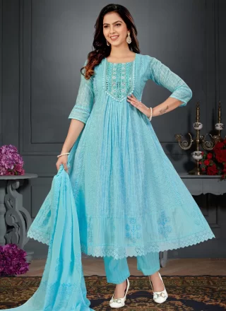 Blue Cotton Salwar Suit with Chikankari, Embroidered and Mirror Work