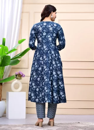 Blue Cotton Salwar Suit with Embroidered and Print Work
