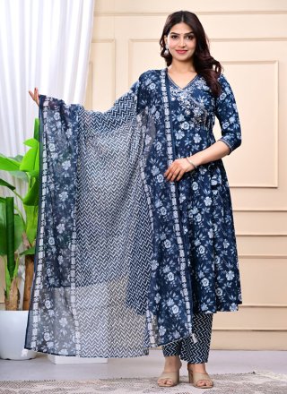 Blue Cotton Salwar Suit with Embroidered and Print Work