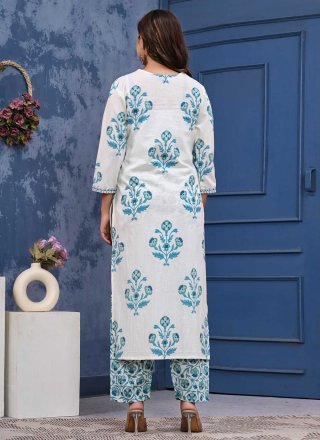 Blue Cotton Salwar Suit with Embroidered and Print Work