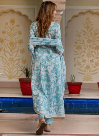 Blue Cotton Salwar Suit with Floral Patch and Print Work for Ceremonial