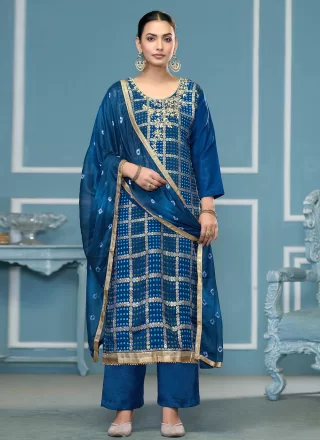 Blue Cotton Salwar Suit with Print Work