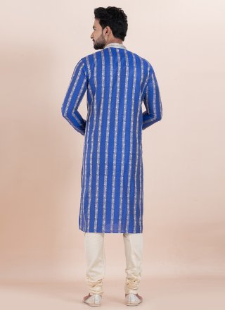 Blue Cotton Silk Kurta Pyjama with Jacquard Work for Men