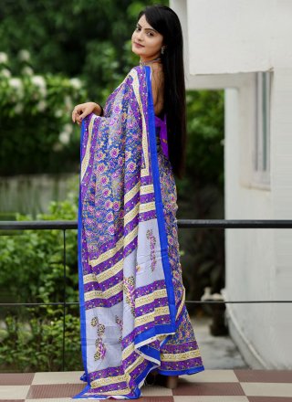 Blue Cotton Traditional Saree with Print Work