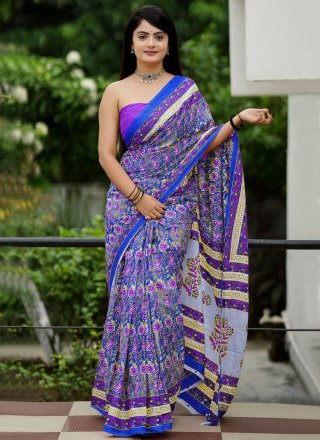 Blue Cotton Traditional Saree with Print Work