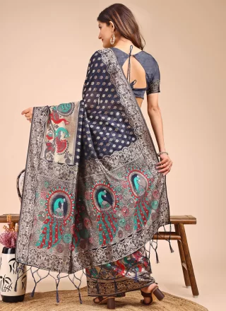 Blue Cotton Trendy Saree with Weaving Work for Women