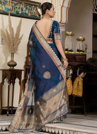 Blue Cut Dana, Woven and Zari Work Linen Designer Saree