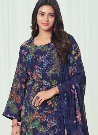 Blue Digital Print and Sequins Work Georgette Pant Style Suit