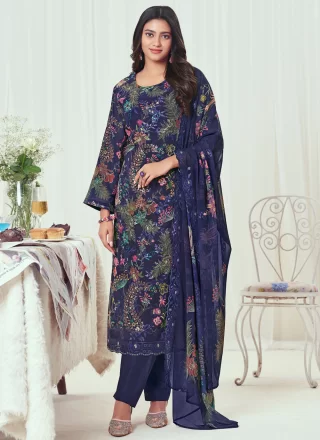 Blue Digital Print and Sequins Work Georgette Pant Style Suit