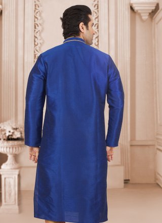 Blue Dupion Silk Embroidered Work Kurta Mens Wear