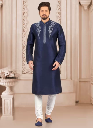 Blue Dupion Silk Embroidered Work Kurta Pyjama for Men
