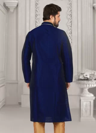 Blue Dupion Silk Embroidered Work Kurta Pyjama for Men