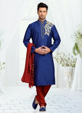 Blue Dupion Silk Embroidered Work Kurta Pyjama
