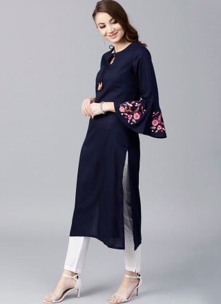 Blue Dupion Silk Embroidered Work Party Wear Kurti for Casual