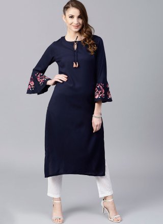 Blue Dupion Silk Embroidered Work Party Wear Kurti for Casual