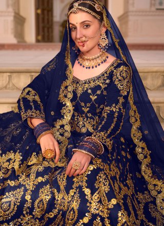Blue Embroidered and Stone Work Velvet Lehenga Choli