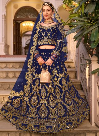 Blue Embroidered and Stone Work Velvet Lehenga Choli
