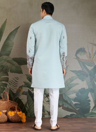 Blue Embroidered and Thread Work Silk Kurta Mens Wear