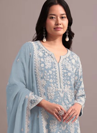 Blue Embroidered, Khatli and Thread Work Faux Georgette Salwar Suit