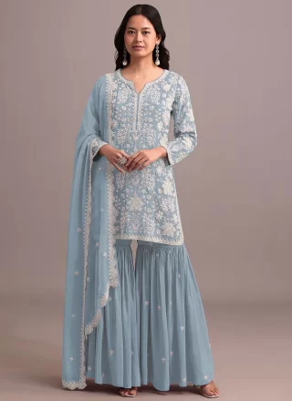 Blue Embroidered, Khatli and Thread Work Faux Georgette Salwar Suit