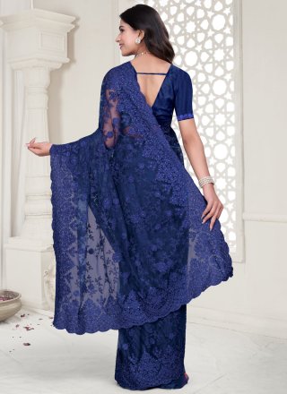 Blue Embroidered, Moti, Resham and Stone Work Net Contemporary Saree