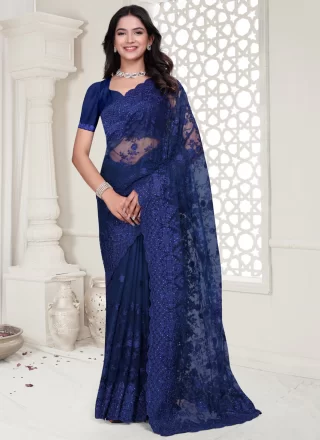 Blue Embroidered, Moti, Resham and Stone Work Net Contemporary Saree