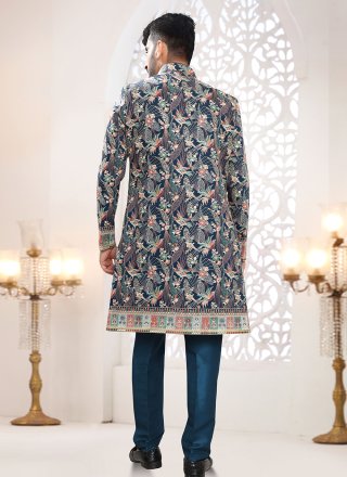 Blue Embroidered, Sequins and Thread Work Silk Indo Western