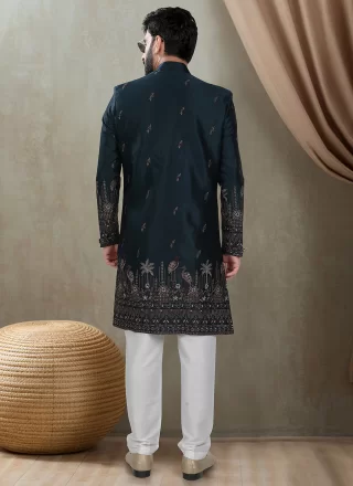 Blue Embroidered, Sequins and Thread Work Silk Indo Western