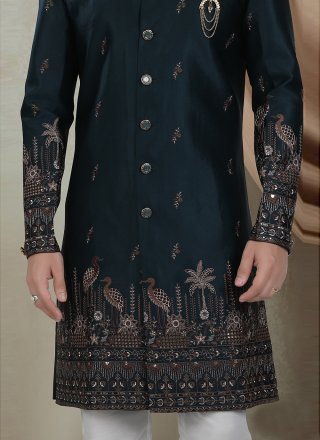 Blue Embroidered, Sequins and Thread Work Silk Indo Western