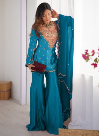 Blue Embroidered, Stone and Zari Work Shimmer Sharara Set