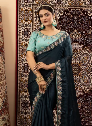 Blue Embroidered Work Georgette Classic Sari