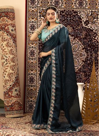 Blue Embroidered Work Georgette Classic Sari