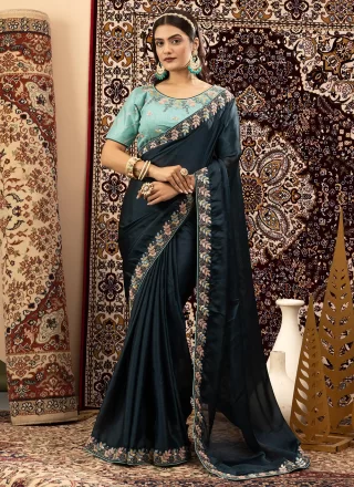 Blue Embroidered Work Georgette Classic Sari