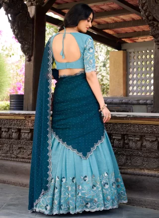 Blue Fancy Fabric Cut Dana, Embroidered, Floral Patch, Sequins and Zari Work Lehenga Choli
