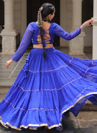 Blue Fancy Fabric Readymade Lehenga Choli with Lace and Strips Print Work for Ceremonial