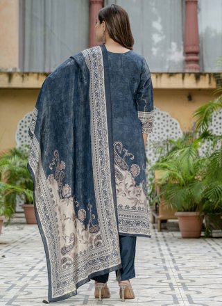 Blue Fancy Fabric Salwar Suit with Hand and Paisley Print Work