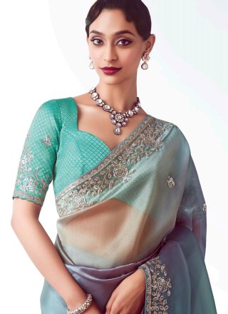 Blue Fancy Fabric Traditional Saree with Cut, Embroidered and Sequins Work for Ceremonial