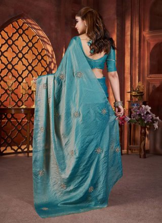 Blue Fandy Classic Sari with Embroidered, Sequins and Zari Work for Ceremonial