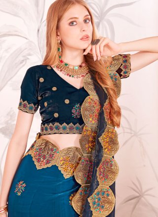 Blue Fandy Contemporary Saree with Embroidered, Multi, Resham and Zari Work