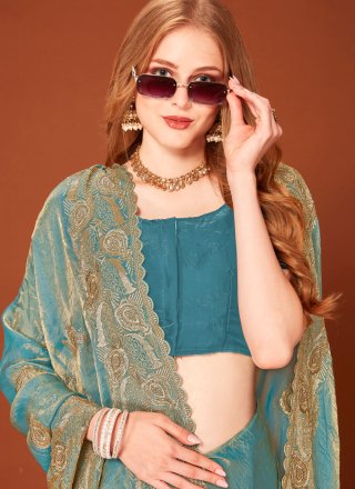 Blue Fandy Designer Saree with Embroidered, Zari and Zircon Work